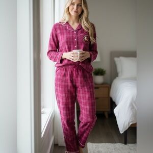 Vintage Disney Winnie the Pooh Flannel Pajama‎ Set Hot Pink Plaid Size M-L Check